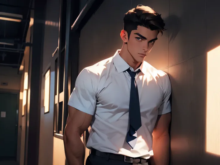 Handsome man with toned muscles in a school uniform leaning against the wall at dusk dark lighting