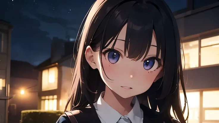  1 girl、 high school students、 so cute、Serious appearance、 black hair、 detailed beautiful face、 detailed eyes 、 detailed nose 、 detailed lips 、 scary and surprised expression、 school uniform 、Thunder outside 、 soft focus、Gymnasium at night、 real 、 photorea...