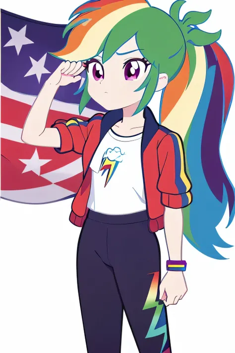 masterpiece_1girl_with_long_rainbow_hair_ponytail_purple_eyes_c_cup_unbutton_blue_jacket_tight_white_shirt_black_pants_blue_shoes_facing_viewer_standing_saluting_with_The_big_American_flag_in_the_background