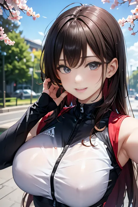  going down the hill on a red bicycle ,  peak eyes  , movie,sunlight, elegant girl  , big ass、 cheerful smile ,( black white red tight cycling jersey,) wearing a black and white red bicycle helmet , big breasts,(  shiny short reddish brown hair ,)Cherry bl...