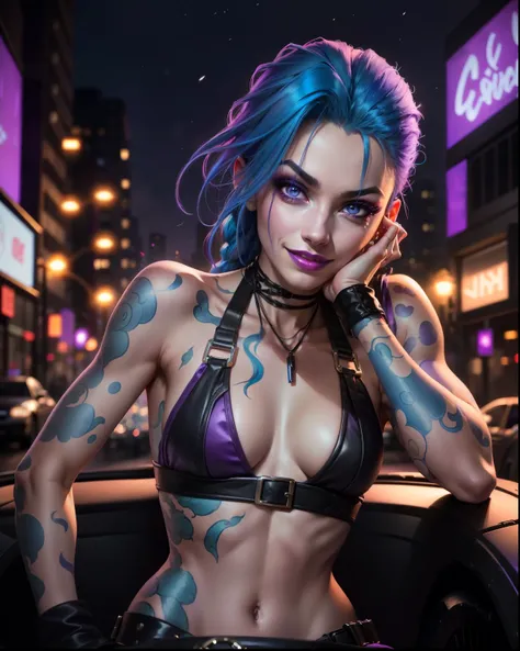 Jinx sitting on a black and purple car in the night, beautiful sexy and athletic body, beautiful seductive look, smiling face, blue hair, bright big purple eyes, red lips, abandoned city background, best ilumination, Animation, intrincate, perfect, focused...