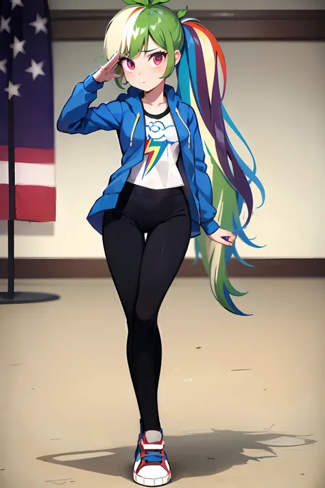 masterpiece_1girl_with_long_rainbow_hair_ponytail_purple_eyes_c_cup_unbutton_blue_jacket_tight_white_shirt_black_pants_blue_shoes_facing_viewer_standing_saluting_with_The_big_American_flag_in_the_background