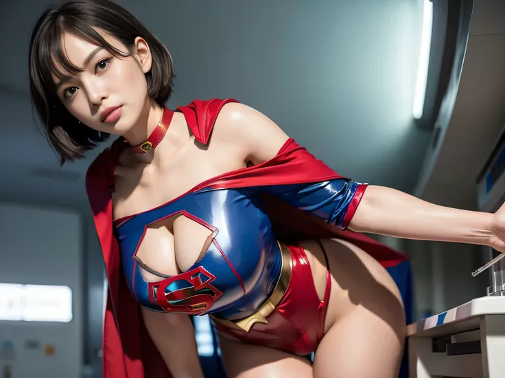 masterpiece、 latex supergirl costume 、 off shoulder、Ultra short hair、 big, rich breasts 、 shiny sweaty skin 、Facing the front 、 choker、Provocative cleavage、 Long Sleeve、Cape、Glamorous bare legs、 in front of laboratory equipment in hospital room、Young and h...