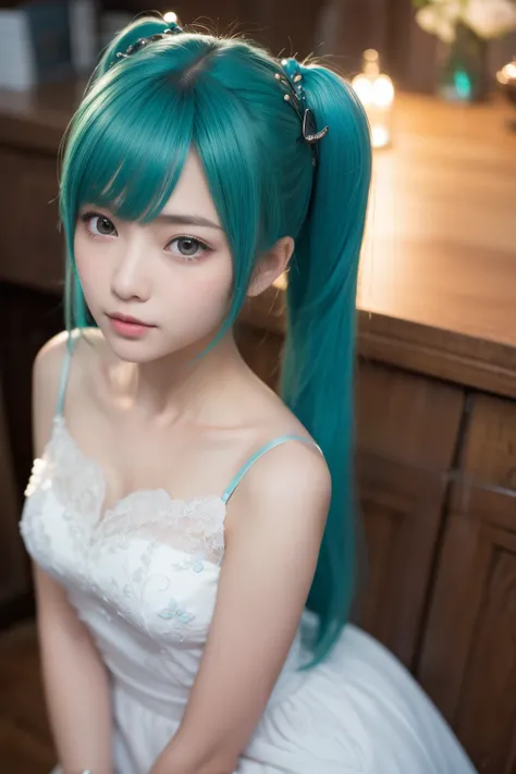 1girl,loli,(best quality,absolutely resolution,ultra detailed,masterpiece),(photo realistic),8K,(detailed face),delicate realistic skin texture,(Shining eyes),Hatsune Miku,aqua hair,twintails,very long hair,hair ornament,hairpin,hairclip,bracelet,white ski...