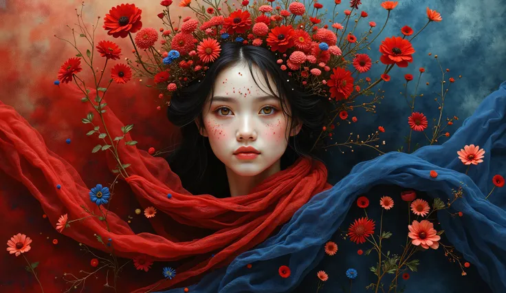 A tapestry woven with grace and ease. Draped in fabrics of crimson and blue, Each fold tells stories, both ancient and new. With petals of blossoms inked on her skin, A tale of resilience, where courage begins. Her gaze, a horizon, where dreams take flight...