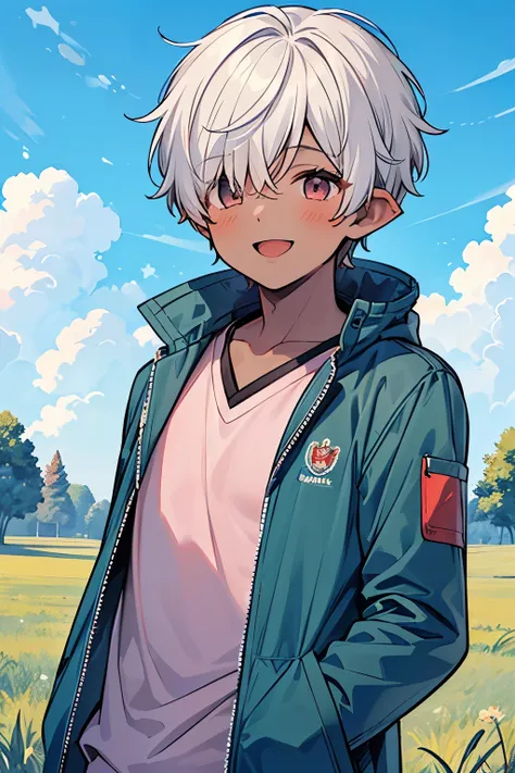 ((1-boy :1.5)),((male性:1.25)),((male:1.2)),a boy on the grass full of pink and red objects,short hair and frizzy hair, hair over one eye,, hair ornament, jacket, pointy ears,puffer jacket, smile,((dark skin body:1.35)),(Alice's Adventures in Wonderland mot...