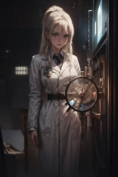 ((best quality)), ((masterpiece)), (detailed), perfect face,a scientist working on a time machine, detailed portrait of a scientist in a lab, wearing a white lab coat, holding futuristic time machine device, intricate gears and displays, complex scientific...