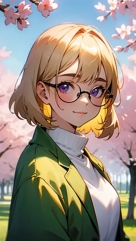  18 year old woman、smile、Blonde、 no bangs 、 straight hair、 purple eyes、 upper body close-up 、 Dark green jacket、 White turtleneck shirt 、 gray slacks 、Red-rimmed glasses、Facing forward left 、 Soft light illuminating the face 、A park with cherry blossoms、bl...