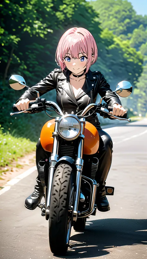 (Highest quality, 4K, 8k, High resolution, masterpiece:1.2), Very detailed, Picturesque, Anime-style photos, Photo animation:1.37)、Japanese、(Pink Hair)、(Pixie Cut)、smile、Black choker、leather jacket、Leather pants、Riding a vintage motorcycle、whole body、Nakan...