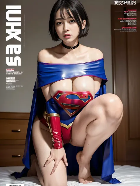 masterpiece、Latex Supergirl Costume、 off shoulder、Ultra short hair、Big Breasts、Sweaty, shiny skin、 facing directly、 choker、Provocative chest、 Long Sleeve、Cape、Attractive bare feet、Explicit and humiliating sexy poses 、Seductive and Lustful Sexy Poses 、Close...