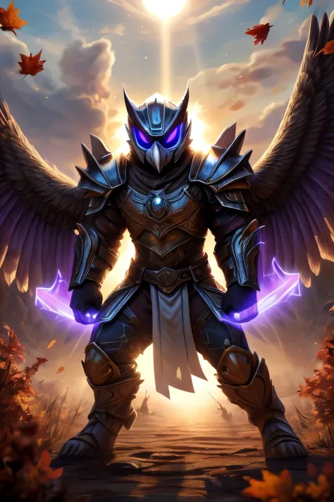 (masterpiece, ultra-detailed, , a majestic owl-man warrior stands in an epic hero pose, holding a glowing purple energy sword up to his face with both hands. The heat from the sword distorts the air around it, creating a shimmering effect. hes wearing a he...