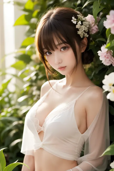 Anime girl in a lush indoor garden、I'm wearing a sheer top、 close-up with chest and soft flowers in the background、 creates harmony between nature and beauty。