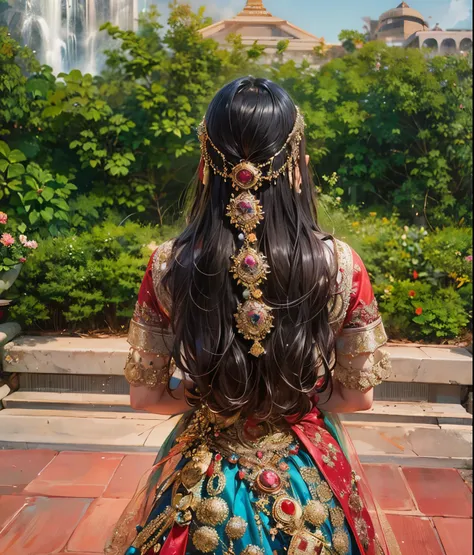 "Create an extremely beautiful Indian goddess only from backside body view with perfectly proportional features and a radiant, divine aura. She has long, flowing, wavy black hair that cascades gracefully down her back. Adorn her with traditional Indian orn...