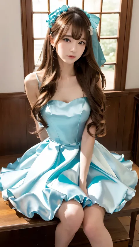 (((Top Quality))), (((Masterpiece))), (((Details))), tall, looking at camera, face-to-face, aqua blue shiny silk satin ruffle girly empire length wedding dress, hands thrust forward, Japanese, brown hair, long hair, gorgeous room,. Gorgeous ribbon hair acc...