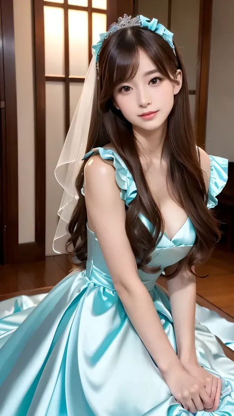 (((Top Quality))), (((Masterpiece))), (((Details))), tall, looking at camera, face-to-face, aqua blue shiny silk satin ruffle girly empire length wedding dress, hands thrust forward, Japanese, brown hair, long hair, gorgeous room,. Gorgeous ribbon hair acc...