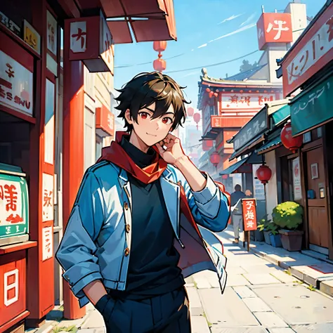 A high-quality, emotional anime-style upper-body illustration inspired by Makoto Shinkai, depicting an 18-year-old energetic and confident boy named Naoki Takajo enjoying a sunny day in Motomachi Chinatown. He is facing forward with a gentle and warm smile...