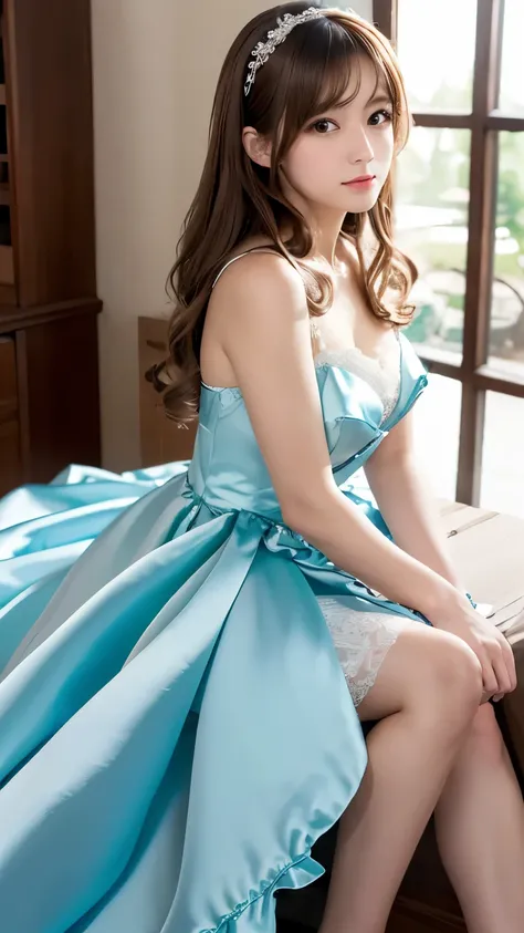 (((Top Quality))), (((Masterpiece))), (((Details))), tall, looking at camera, face-to-face, aqua blue shiny silk satin ruffle girly empire length wedding dress, hands thrust forward, Japanese, brown hair, long hair, gorgeous room,. Gorgeous ribbon hair acc...