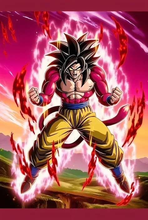 "Goku Super Saiyan 4 in an intense action scene, his crimson fur and golden hair glowing faintly under dim, cinematic lighting. His piercing yellow eyes radiate determination as energy crackles around him, illuminating the dark battlefield. The environment...