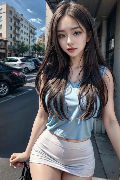 （quality），8k，（ masterpiece：1.3），（1 Girl：1.3）（Named after Mina）， beautiful Korean girl ， K-pop idol， big blue eyes ，Double eyelid long lashes ，Sexy plump red lips，Brown straight hair， beautiful woman with perfect body：1.4，（Vest line，Muscular hands:1.2），（Lay...