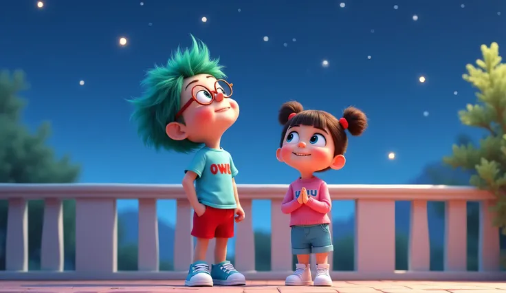 Owo, the cute and nerdy  boy, is standing on the balcony in a 3D Pixar animation style with a pastel color palette. He now wears a light blue t-shirt with "owo" written in red font and matching red shorts, paired with blue sneakers. His bright green hair i...