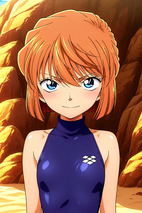 front view,
1girl,upper body,looking at viewer, lady,smile,
Best quality,masterpiece,soft light,official art,high quality,highres,absurdres,epic scene,natural textures,haibara ai,short hair,brown hair,blue eyes,hair between eyes,female , sapphire blue turt...