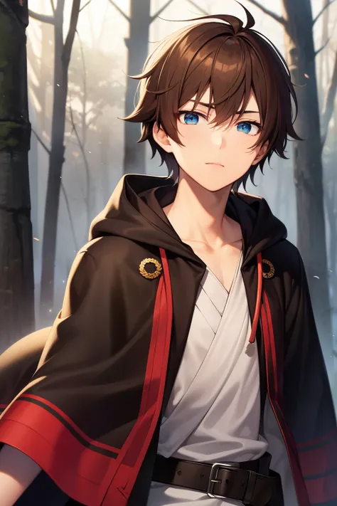 Guy, boy, brown hair, blue eyes, assasin, cloak, kind, caring, tachi, forest, perfect, high-quality, cool