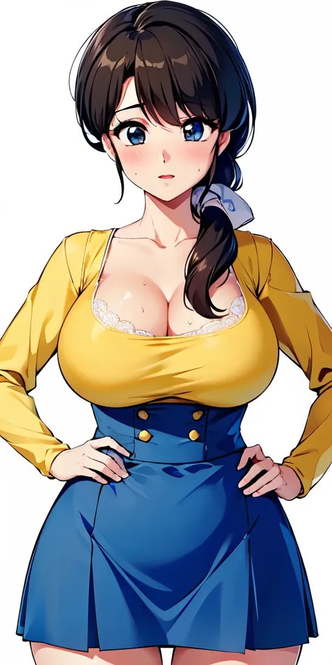 1 Female,High definition,high resolution,Ultra-realistic,8K,tendou_kasumi, Apron_White_Ruffle, Yellow_Shirt_blue_high-waist_skirt, miniskirt ,tight skirt,standing, solo, large breasts,, masterpiece, best quality, detailed face, detailed eyes, highres,Europ...