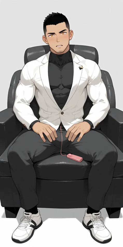 anime characters：Gyee, whole body, Buzz Cut, In a clean and tidy bedroom, Sit on an upscale sofa massage chair, VIBRATING MASSAGE, It has lots of milky white mucus on it, He grits his teeth, He wears a mocha-colored suit and pants, The inside is paired wit...