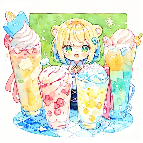 PastelColors:1.5)、(Cute illustration:1.5)、(watercolor paiting:1.2)、Yellow-green background、girl with、full body Esbian、A smile、Stranger、Pale yellow-green throughout、Moya、marble、colourfull、cream soda、Ice cream、white bear、fluffly,Particles of light