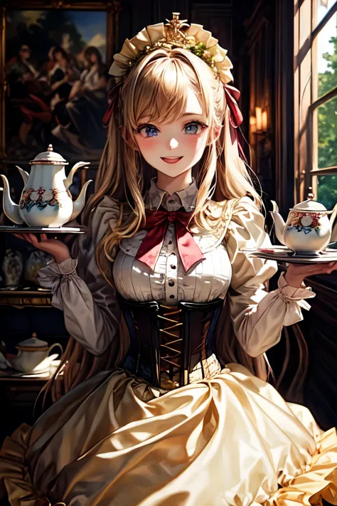 (( best quality)), ((masterpiece)), (  Details),  perfect face,Gothic,At the residence, Show me your face, big smile, is dazzling, happy, Happy time, Blonde,ribbon,Please put your hands in your hair, beautiful girl, long hair,Velvet, corset,frills,organza,...