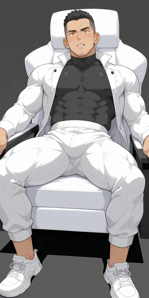 anime characters：Gyee, whole body, Buzz Cut, In a clean and tidy bedroom, Sit on an upscale sofa massage chair, It has lots of milky white mucus on it, He grits his teeth, He wears a mocha-colored suit and pants, The inside is paired with a black turtlenec...