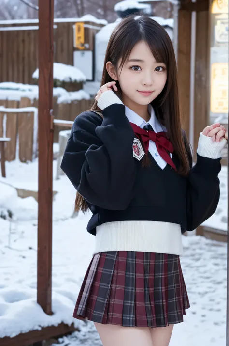 A girl (Twenty years old, Japanese face) is wearing high school uniforms with mini skirt at snowy town.