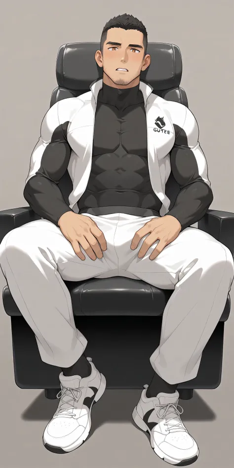 anime characters：Gyee, whole body, Buzz Cut, In a clean and tidy bedroom, Sit on an upscale sofa massage chair, VIBRATING MASSAGE, It has lots of milky white mucus on it, He grits his teeth, He wears a mocha-colored suit and pants, The inside is paired wit...