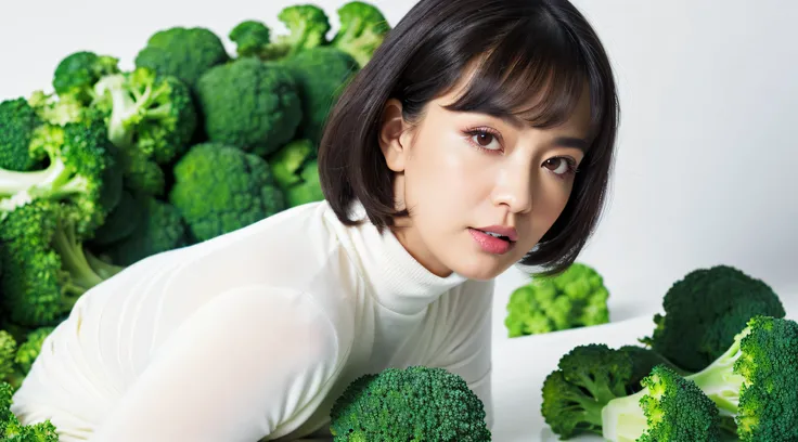 big broccoli,((best quality, 8k, masterpiece:1.3, waist up)),sharp focus:1.2, 1girl ,((detailed face)) , Beautiful lady with Perfect Figure, Vivid, white color turtleneck and skirt, black hair,studio background,