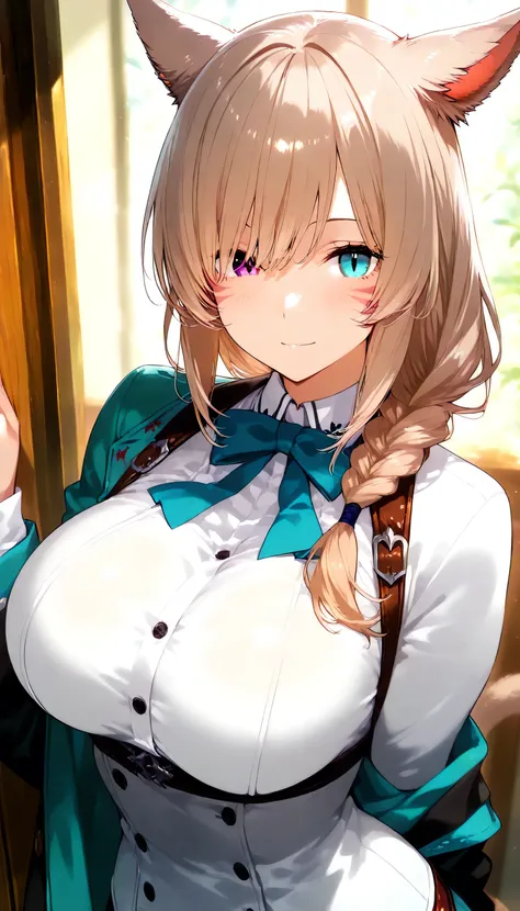 masterpiece,1girl, Light brown hair, turquoise eye,  Breasts, Miqo'te , side braided wolf layer, Hidden in one eye