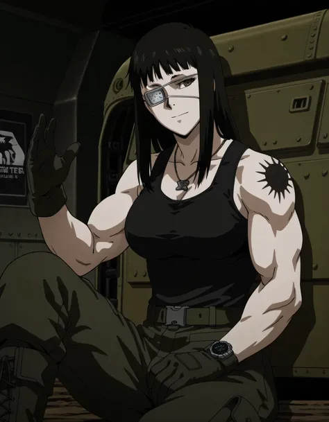 1girl,solo,mm,mature female,black hair,eyepatch,brown eyes,medium breasts,anime coloring,long hair, muscular, black sport tank top and dark green loose military pants with belt,cowboy shot,in military base, tattoo, ,masterpiece,best quality,amazing quality...