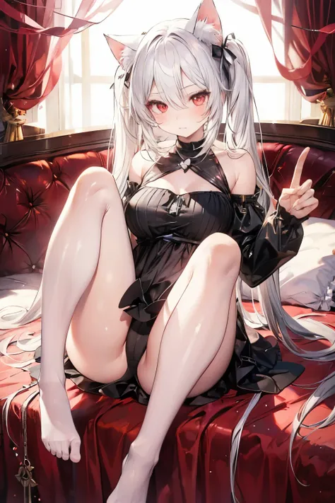 masterpiece,  8k, Cat ears, White hair, Red eyes, Twintail hair,   Beautiful girl,
while Lingery,
Bedroom,
cowboy shot, x fingers, legs up, knees,c