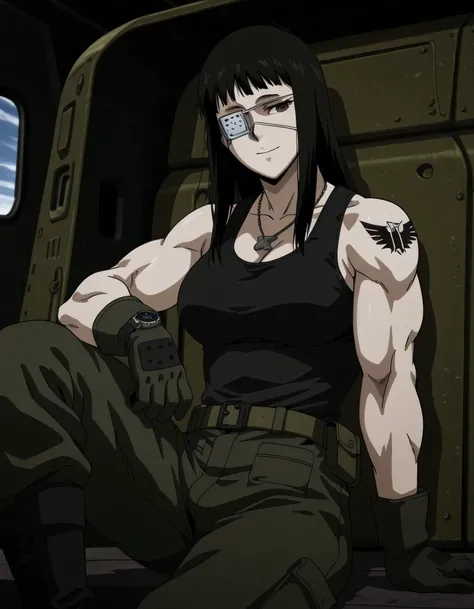 1girl,solo,mm,mature female,black hair,eyepatch,brown eyes,medium breasts,anime coloring,long hair, muscular, black sport tank top and dark green loose military pants with belt,cowboy shot,in military base, tattoo, ,masterpiece,best quality,amazing quality...