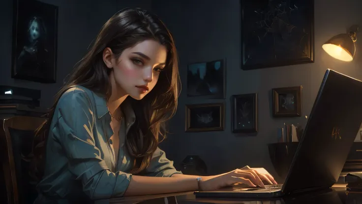 Arab woman sitting at desk and using laptop computer,  Halloween type background drawn in the style of , Realistic painting style,  realistic cute girl painting ,  Charlie Bowert-inspired art style,  realistic art style ,  Charlie Bowwater Character Art,  ...