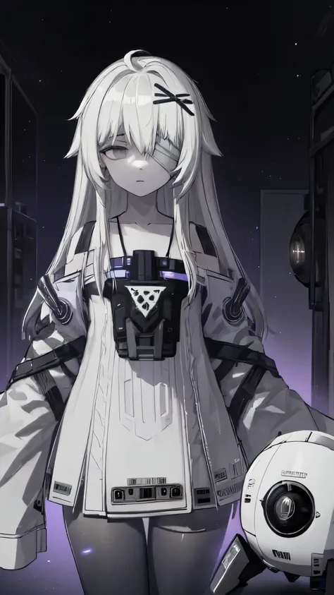 white hair, long hair, bandage over one eye, grey eyes, x hair ornament, (robot, drone:1.1) muted colors, gradient pantyhose, spot color
white dress, shaded face, empty eyes, black pantyhose, pantyhose, sleeves past fingers, white sleeves
one leg up, outdo...