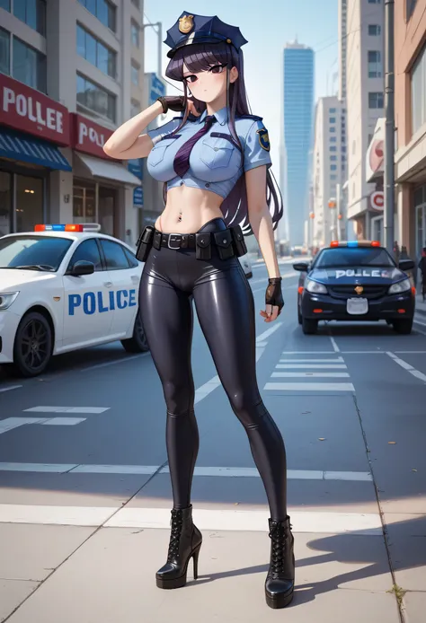 physically-based rendering, (1girl,Komi Shouko), (long hair, purple hair, purple eyes), wear sexy crop top, (slim body,huge fake breasts:1.2), street city, slim waist, navel, piercing, big buttocks, (Full body:1.3), standing, skintight black pants, (wearin...