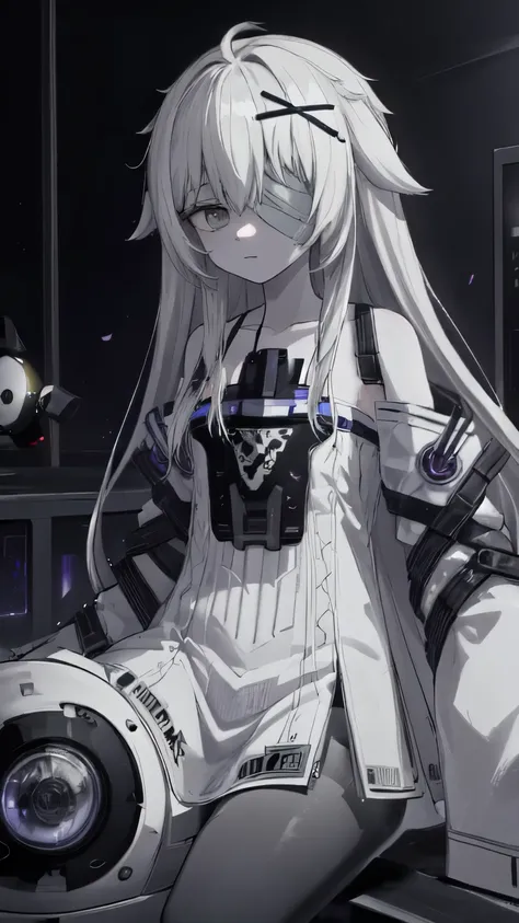 white hair, long hair, bandage over one eye, grey eyes, x hair ornament, (robot, drone:1.1) muted colors, gradient pantyhose, spot color
white dress, shaded face, empty eyes, black pantyhose, pantyhose, sleeves past fingers, white sleeves
one leg up, outdo...