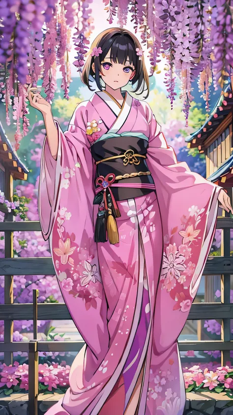 masterpiece, ( pink kimono),  enchanting face , Details of a good face , valley, Fine details, masterpiece, Shining Eyes,  1 girl in the best,   black hair, gag, bamboo,  Nezuko Kamado, Wisteria Background, masterpiece,  best quality, throw, whole body, Be...