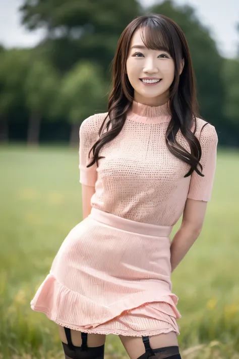 Smiling, (((sexy))), (((arms behind back))), ((masterpiece)), (((best quality))), ((ultra-detailed)), 1girl, gleaming skin, ((pink knit dress)), mini tight skirt, pumps, (garter belt), in the grassland, mizuki nana