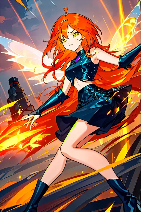  1girl, One, ((pathetic)),Dark flower,  orange hair ,  yellow eyes , boots,  black skirt, gloves,  black shirt, wings,  sparkling clothes ,  masterpiece,  best quality , correct_ beautiful eyes:0. 8 with an impending thunderstorm in the background,  a floc...