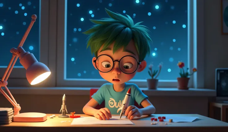 Owo is sitting at his desk, focused on assembling a toy rocket model. His hands move carefully as he connects the small parts, his large round glasses slightly reflecting the soft light from the desk lamp. He’s wearing his light blue "owo" t-shirt and red ...