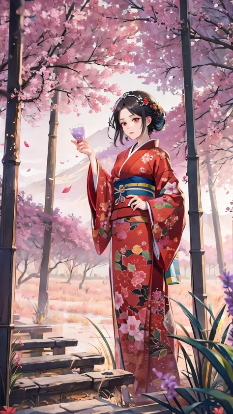 masterpiece, ( red floral kimono ),  enchanting face , Details of a good face , valley, Fine details, masterpiece, Shining Eyes,  1 girl in the best,  black hair, bamboo, Nezuko wisteria background, masterpiece,  best quality, throw, whole body, Beautiful ...