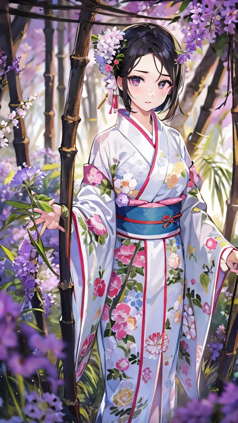 masterpiece, ( white floral kimono ),  enchanting face , Details of a good face , valley, Fine details, masterpiece, Shining Eyes,  1 girl in the best,  black hair, bamboo, Nezuko wisteria background, masterpiece,  best quality, throw, whole body, Beautifu...