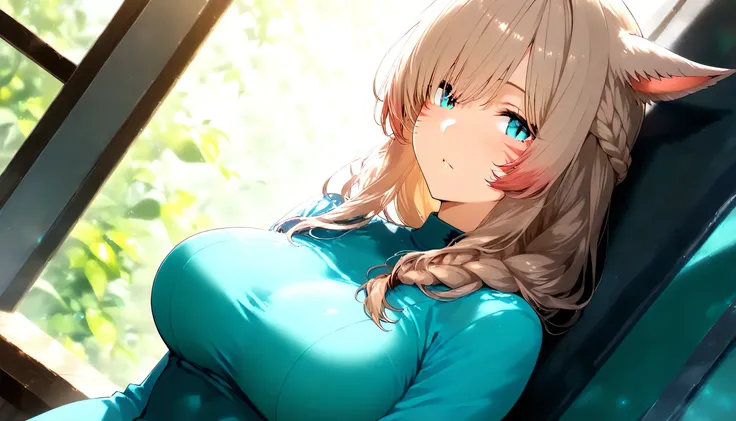 masterpiece,1girl, Light brown hair, turquoise eye,  Breasts, Miqo'te , side on braided wolf layer, Hidden in one eye