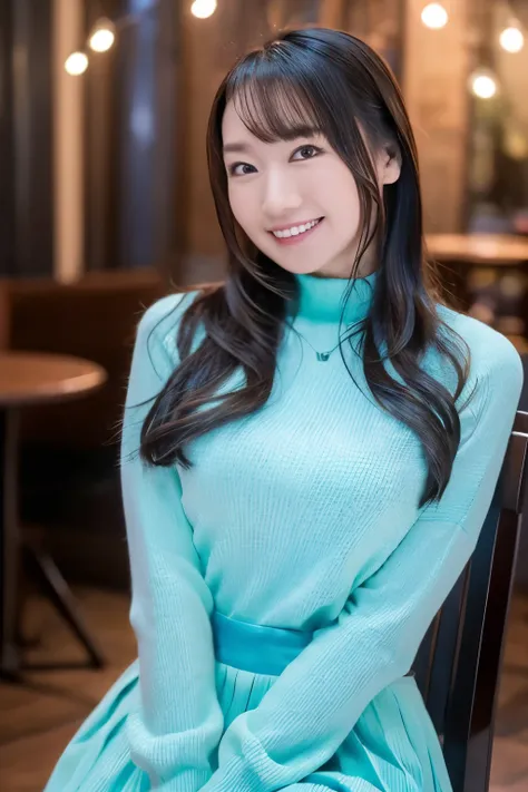 ( Tiffany blue on the front のテーマ), (((smile))), (((Smile))), young Japanese woman , Big Breasts , Upper chest, Tiffany blue on the front , light blue hair, Gradation Colored Hair , super long hair, thighs, realistic , Top Quality,Master...